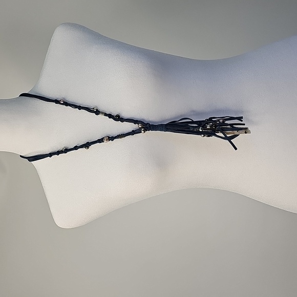 Chico's Denim Blue Suede Boho Necklace w Silver Baubles & Fringe Pendant Western - Picture 13 of 13